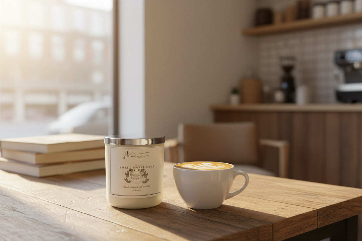 A soy candle with a label reading 'Sweet Maple Chai' and a branding logo, placed on a white surface next to a small open lid.